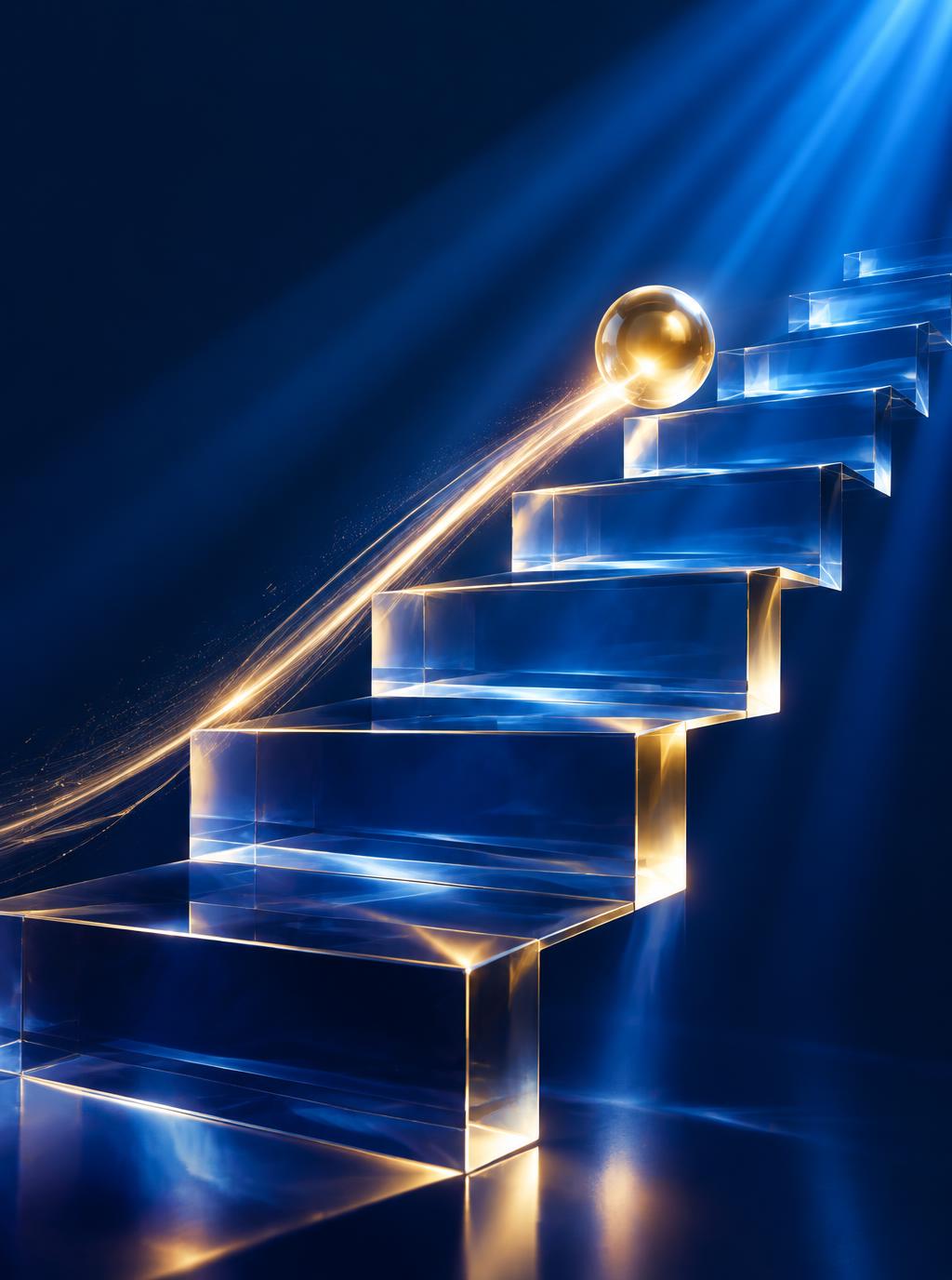 A golden orb climbing ascending glass steps, leaving a trail of light